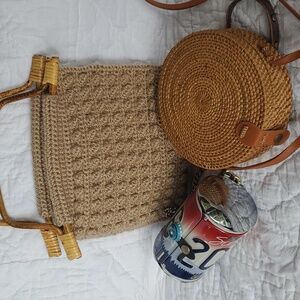 3 quirky fun purses.  License plate canister, round basket, crochet square